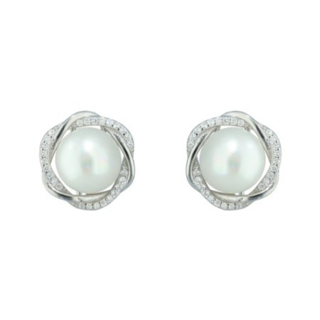 Pendientes omega perla circonitas plata rodiada Reina Joyeros