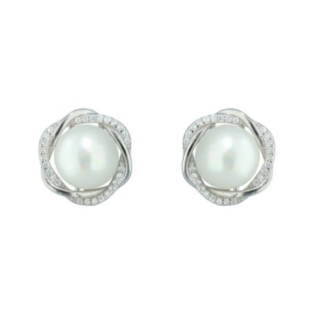 Pendientes omega perla circonitas plata rodiada Reina Joyeros