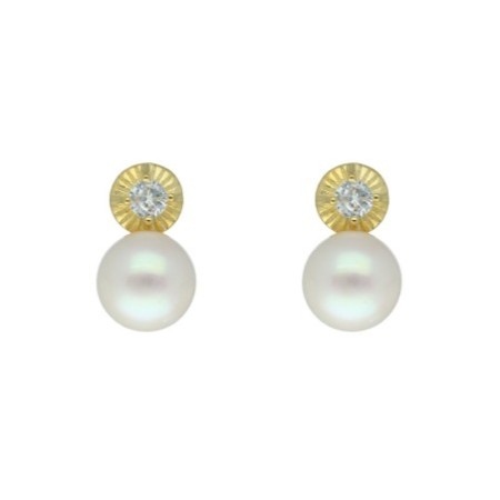 Pendientes omega perla y circonitas plata chapada oro Reina joyeros