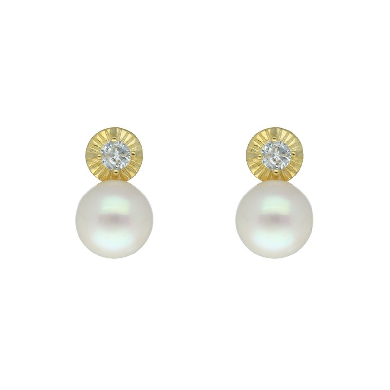 Pendientes omega perla y circonitas plata chapada oro Reina joyeros