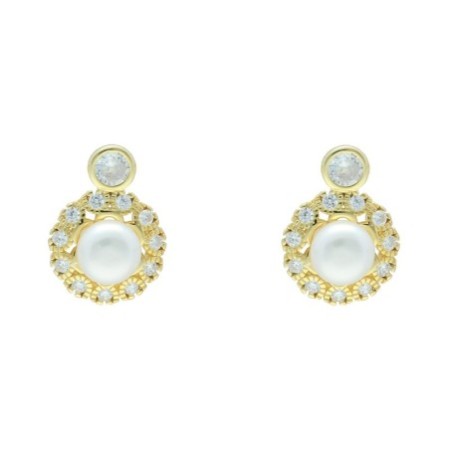 Pendientes omega perla y circonitas plata chapada oro