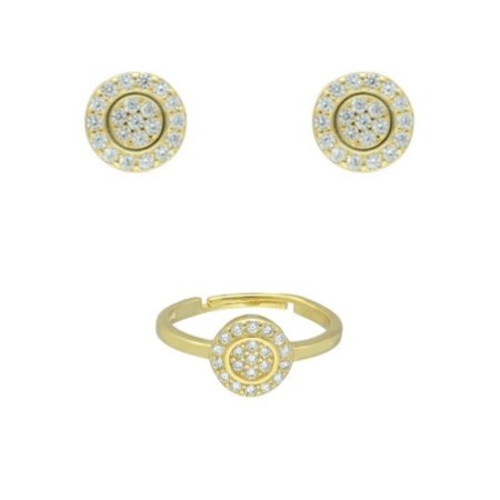 Conjunto comunión (pendientes presión y anillo con circonitas) plata chapada oro