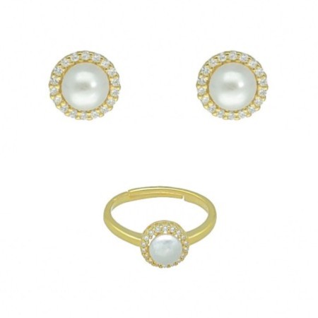 Conjunto comunión (pendientes presión y anillo con perlas y circonitas) plata chapada oro