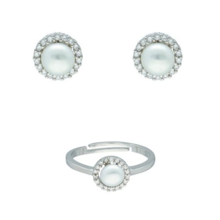 Conjunto comunión (pendientes presión y anillo con perlas y circonitas) plata de ley