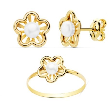 Conjunto comunión flor perla oro 18 K