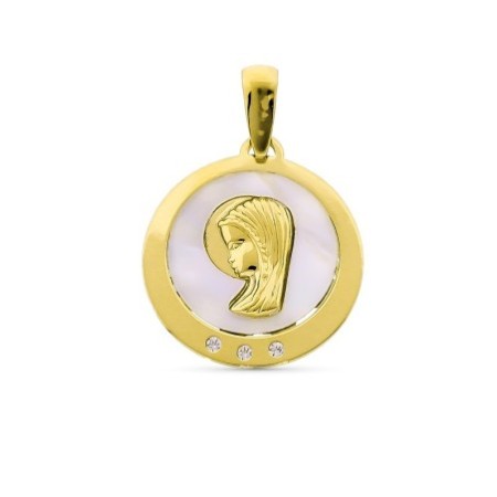 Medalla 15 MM Virgen niña nacar circulo oro 18K