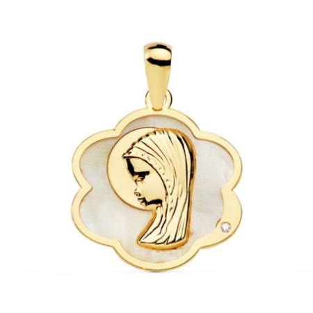 Medalla 18 MM Virgen niña pandereta nacar oro 18 K