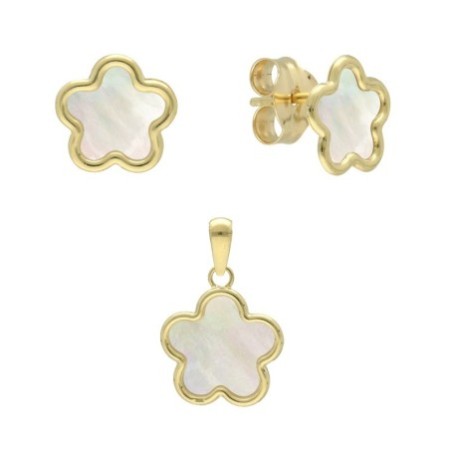 Conjunto ( Pendientes presión y colgante flor nacar oro 18 K)