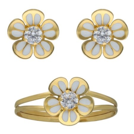 Conjunto comunión flor esmalte Oro 18 K