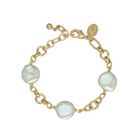 Pulsera perlas achatadas eslabones chapada en oro (1 micra)