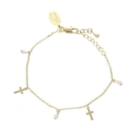 Pulsera cruces y piedras rosas chapada en oro (1 micra)