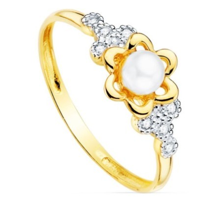 Anillo comunión flor perla oro 18K