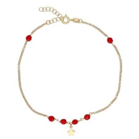 Tobillera bolitas rojas y estrella plata chapado oro