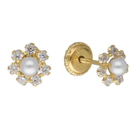 Pendientes rosca circonitas perla Oro 18 K