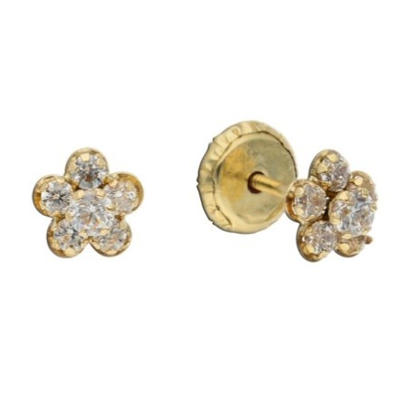 Pendientes rosca flor circonitas niña Oro 18 K