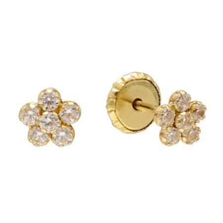 Pendientes rosca flor circonitas niña Oro 18 K