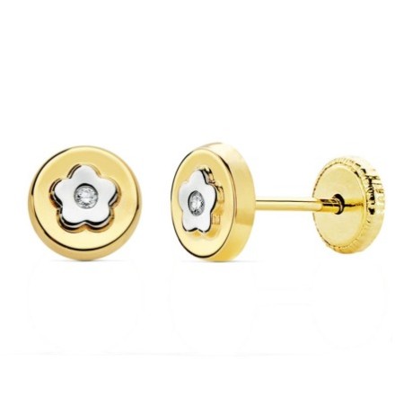 Pendientes rosca flor bicolor oro 18k