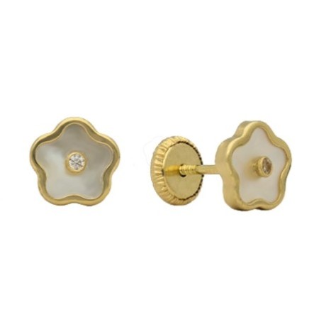 Pendientes rosca flor nacar con circonita Oro 18 K