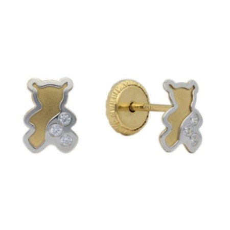 Pendientes rosca oso bicolor circonitas Oro 18 K