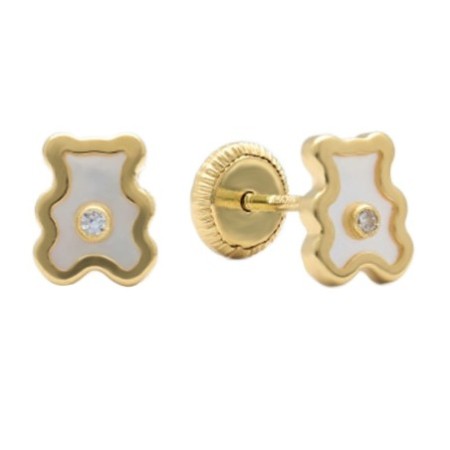 Pendientes rosca oso nácar circonita Oro 18 K