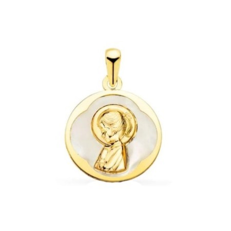 Medalla Virgen niña redonda nácar 15 MM Oro 18 K