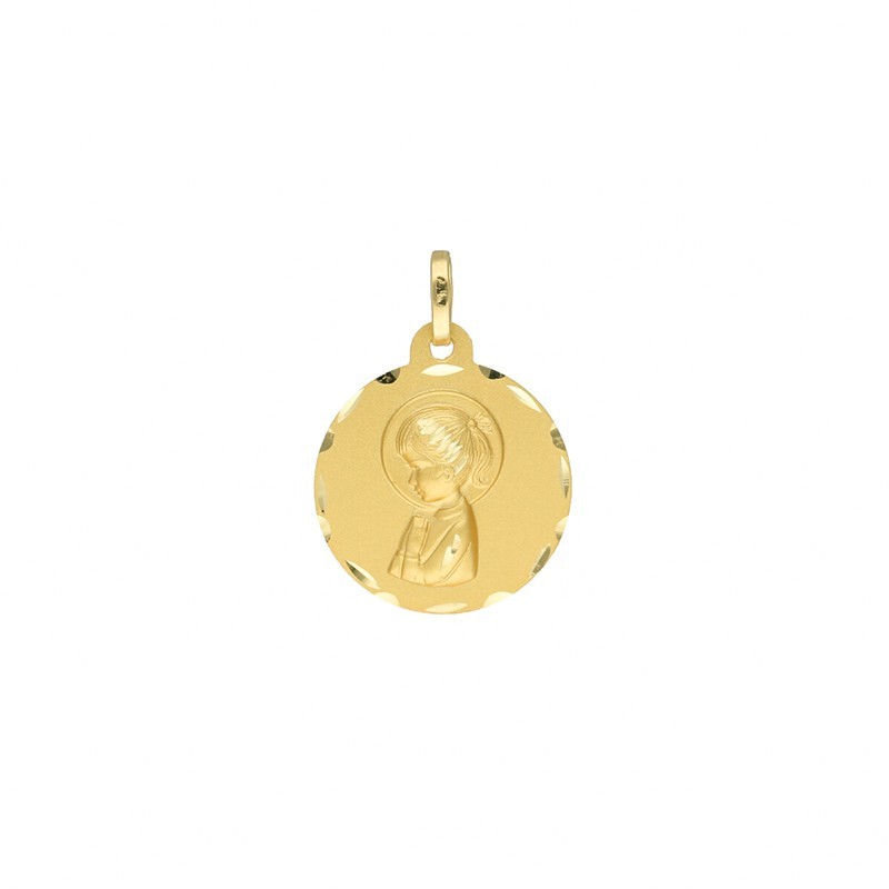 Medalla redonda tallada 18 MM Virgen niña oro 18 K
