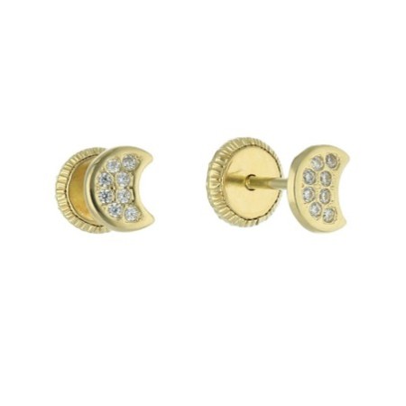 Pendientes rosca luna circonitas Oro 18k