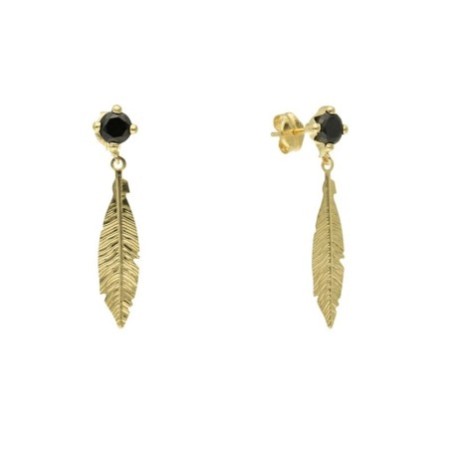 Pendientes presión pluma  piedra negra oro 18 K