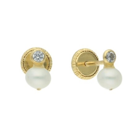 Pendientes rosca perla y circonita Oro 18 K