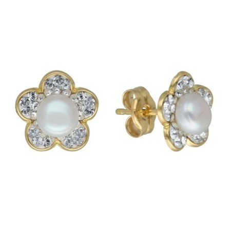 Pendientes rosca flor con perla y circonitas Oro 18 K