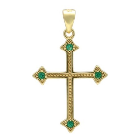 Colgante cruz circonitas verdes puntas plata chapada oro