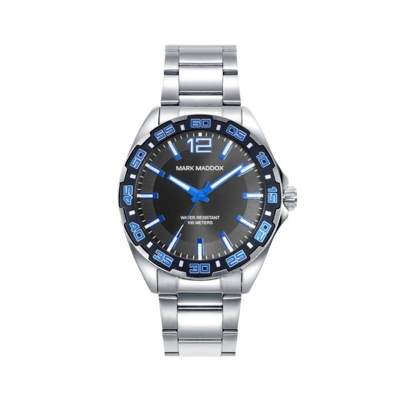 Reloj MARK MADDOX Mission Hombre - Brazalete de Acero con Bisel y Esfera Negra - Índices Azul/Blanco | 10 ATM | HM0143-55 Reloj MARK MADDOX Mission Hombre - Brazalete de Acero con Bisel y Esfera Negra - Índices Azul/Blanco | 10 ATM | HM0143-55