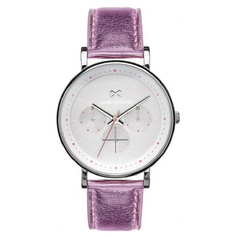 Reloj MARK MADDOX Notting Mujer - Cronógrafo Brazalete Piel Morado Brillo y Esfera Blanca - Detalles en Rosa | 5 ATM | MC0101-17
