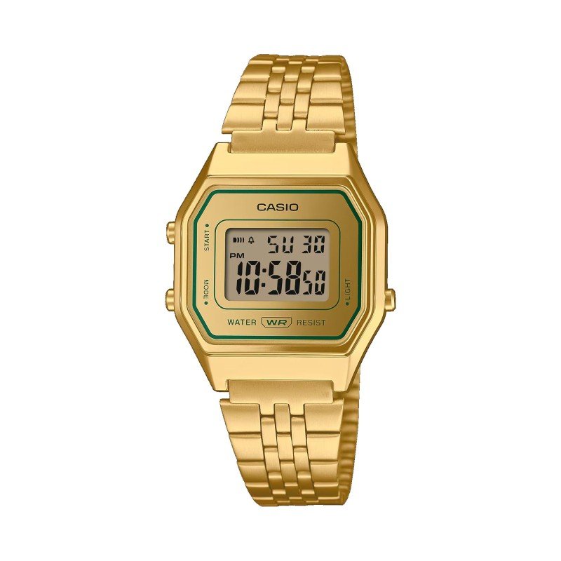 Reloj CASIO Vintage Unisex - Digital Iconic Mini Acero IP Dorado - Esfera Dorada con Acentos Verdes | LA680WEGV-9AEF
