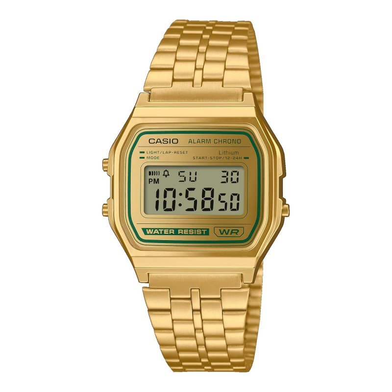 Reloj CASIO Vintage Unisex - Digital Iconic Brazalete de Acero IP Dorado - Esfera Dorada con Acentos Verdes | A158WEGV-9AEF