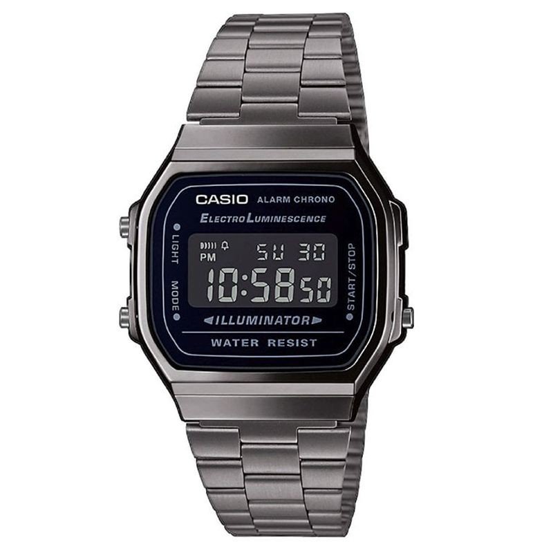 Reloj CASIO Vintage Hombre - Digital Iconic Brazalete de Acero IP Gris y Caja Rectangular - Esfera Negra | A168WEGG-1BEF