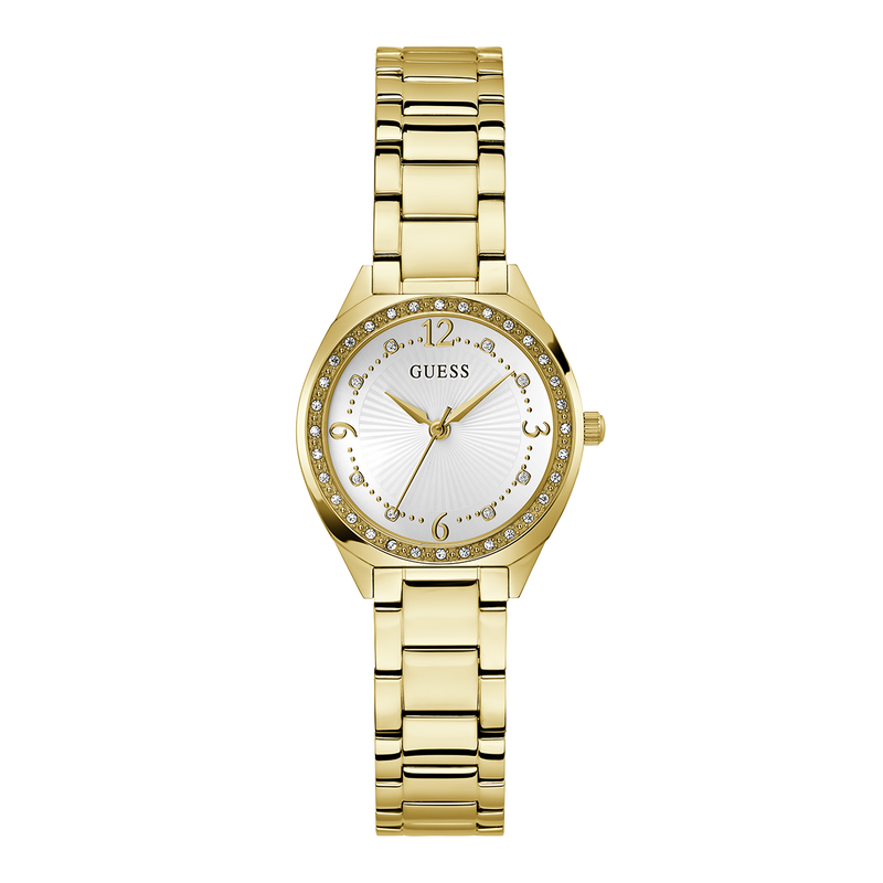 Reloj GUESS Charlotte Mujer - Analógico Brazalete de Acero IP Dorado y Bisel con Circonitas - Esfera Blanca | 3 ATM | GW0767L2