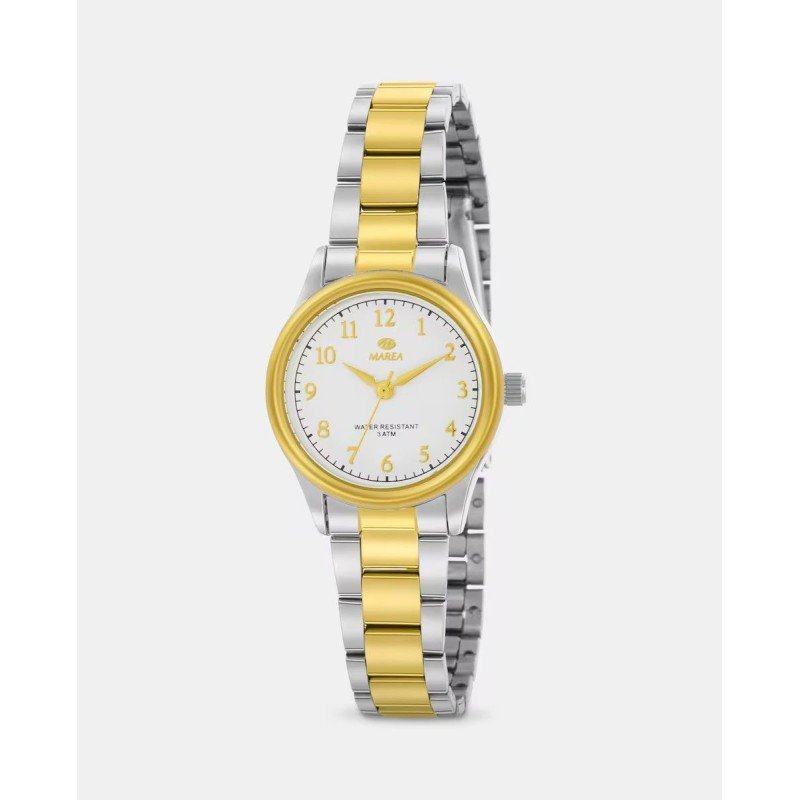 Reloj Marea B41390/2 Para Mujer correa de acero bicolor y esfera blanca con índices y agujas en color dorado