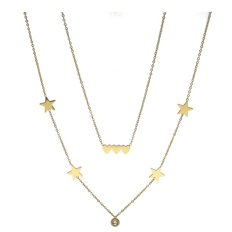 Collar doble corazón y estrellas acero chapado