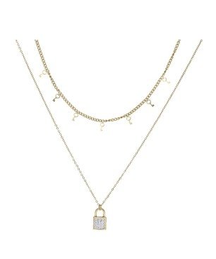 Collar doble candado circonitas y llaves acero chapado