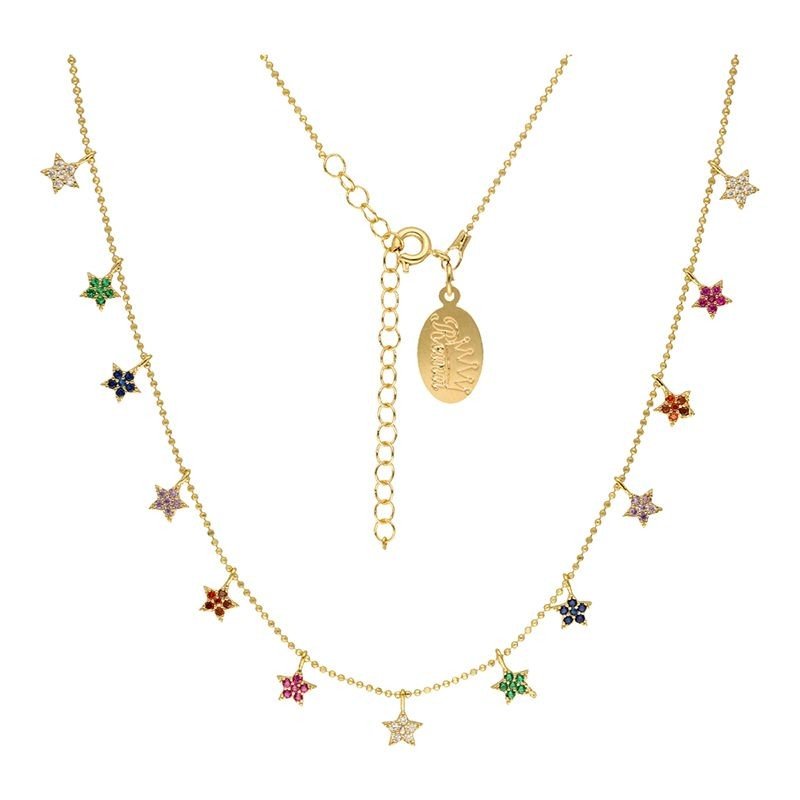 Collar multibolitas  estrellas circonitas colores chapada en oro (1 micra)