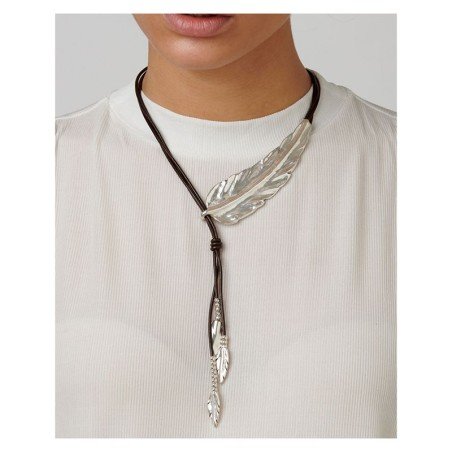 Collar Uno de 50 "Me gustas" Acero Bañado en Plata Cuero Autentico - Para Mujer COL1305MARMTL0U