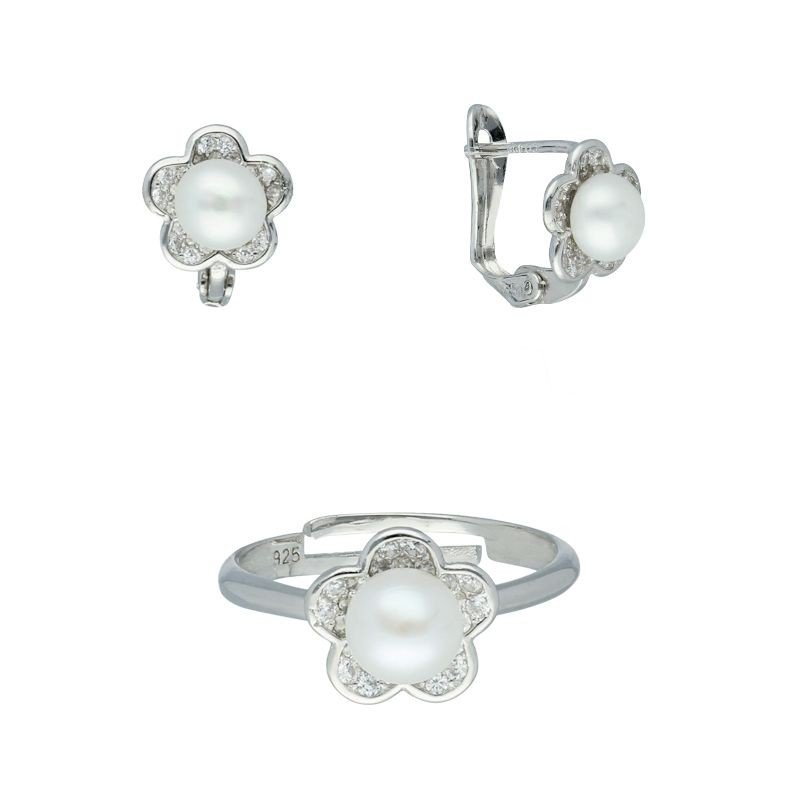 Conjunto comunión flor perla plata de ley