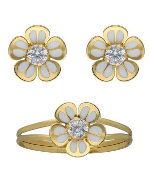 Conjunto comunión flor esmalte Oro 18 K