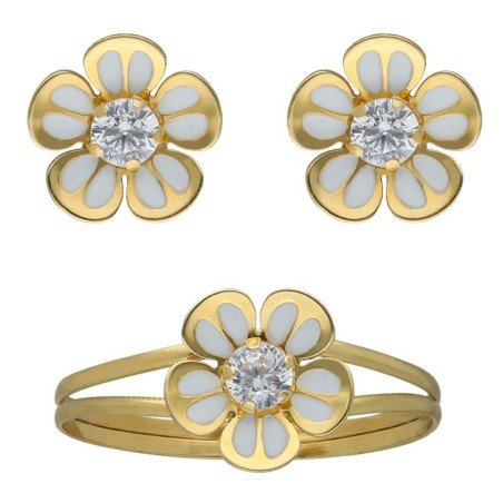 Conjunto comunión flor esmalte Oro 18 K