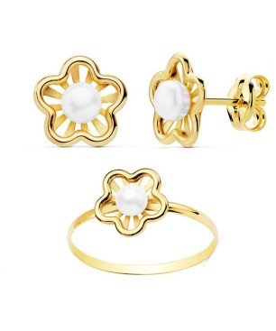 Conjunto comunión flor perla oro 18 K