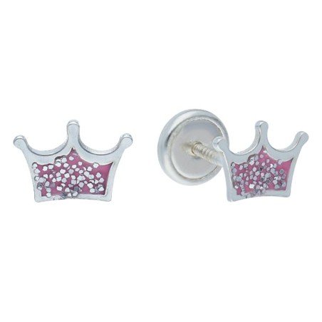 Pendientes rosca corona esmalte rosa plata de ley
