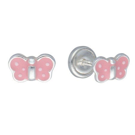 Pendientes rosca mariposa rosa esmalte plata de ley