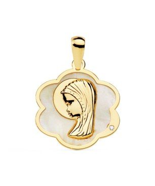 Medalla 16 MM Virgen niña pandereta nacar Oro 18 K