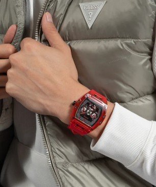 Reloj GUESS Phoenix Hombre - Cronógrafo Brazalete de Silicona Roja - Esfera Negra | 5 ATM | GW0203G5